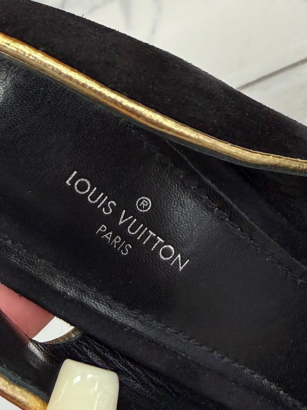 Louis Vuitton Black Suede Platform Heels Gold Heel Peep Toe Pumps Size 37 - Picture 13 of 16